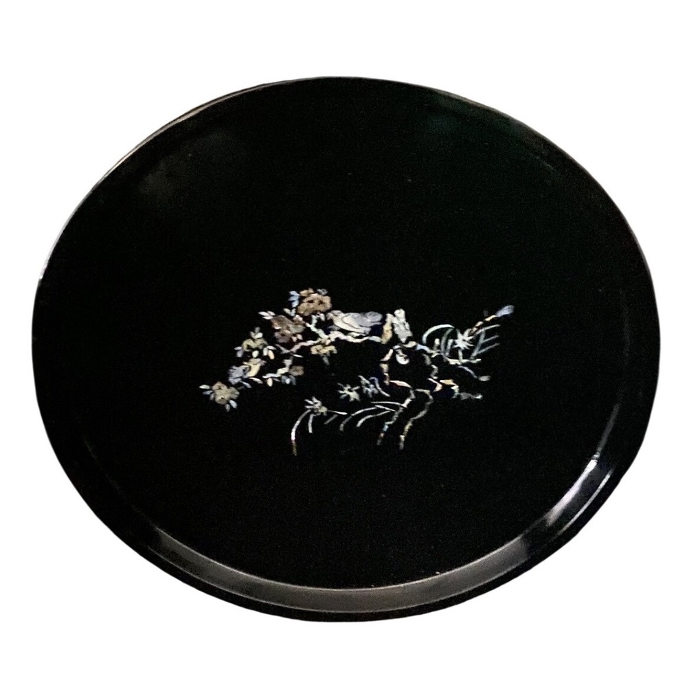Vintage Japanese Black Lacquer‎ ware  Tray Mother of Pearl Inlay Bird  round